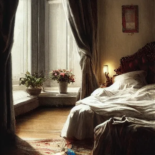 Image similar to on a rainy day, someone in home sits in bed, curled up under the covers, looking out the window, cinematic, artstation, extremely detailed, intricate, cinematic lighting, art by eugene de blaas