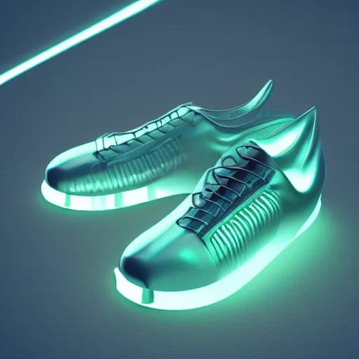 Image similar to high quality photorealistic octane 3 d render of bioluminescent sneakers floating in empty space, metallic laces, ribbed detailing, black base colour, flame pattern on lower. emissive, bloom, volumetric, ray - tracing, bjork