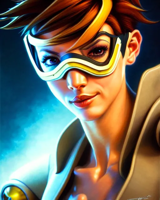 Image similar to tracer from overwatch, character portrait, portrait, close up, highly detailed, intricate detail, amazing detail, sharp focus, vintage fantasy art, vintage sci - fi art, radiant light, caustics, by boris vallejo