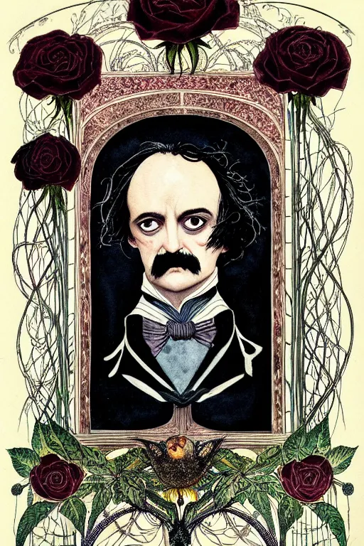 Prompt: realistic portrait of edgar allen poe in the center of an ornate black rose flower frame, detailed art by kay nielsen and walter crane, illustration style, watercolor