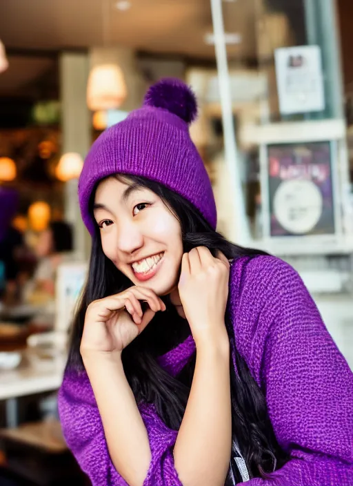 Prompt: young adult asian woman in a coffee shop wearing a beanie and a purple cyberpunk sweater smiling, natural light, magazine photo, 5 0 mm