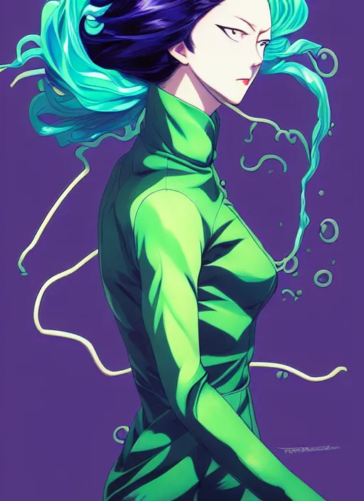 Image similar to style artgerm, joshua middleton, tatsumaki one punch man with green dress, very long blue hair, swirling water swirling, symmetrical face, symmetrical eyes, steampunk cyberpunk,, cinematic lighting