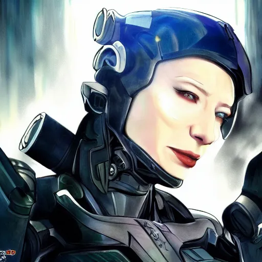 Prompt: cyborg cate blanchett, anime,drawing ,cyberpunk