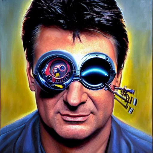 Prompt: a realistic oil painting of nathan fillion as a cybernetic cyborg, surrealism portrait, surrealism album cover