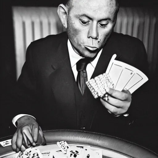 Image similar to monkey in a suit smoking a cigar and playing poker in a casino, 5 0 mm, black and white photo