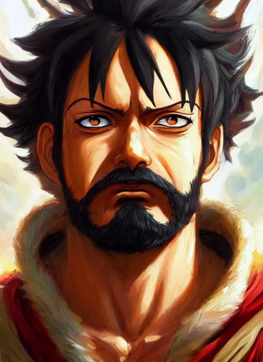 Image similar to luffy as fantasy style portrait painting of middle eastern male brown wavy hair beard rpg dnd oil painting unreal _ 5 _ daz. _ rpg _ portrait _ extremely _ detailed _ artgerm _ greg _ rutkowski _ greg