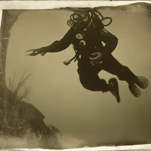 Image similar to underwater tintype photo of scuba driver riding a octopus