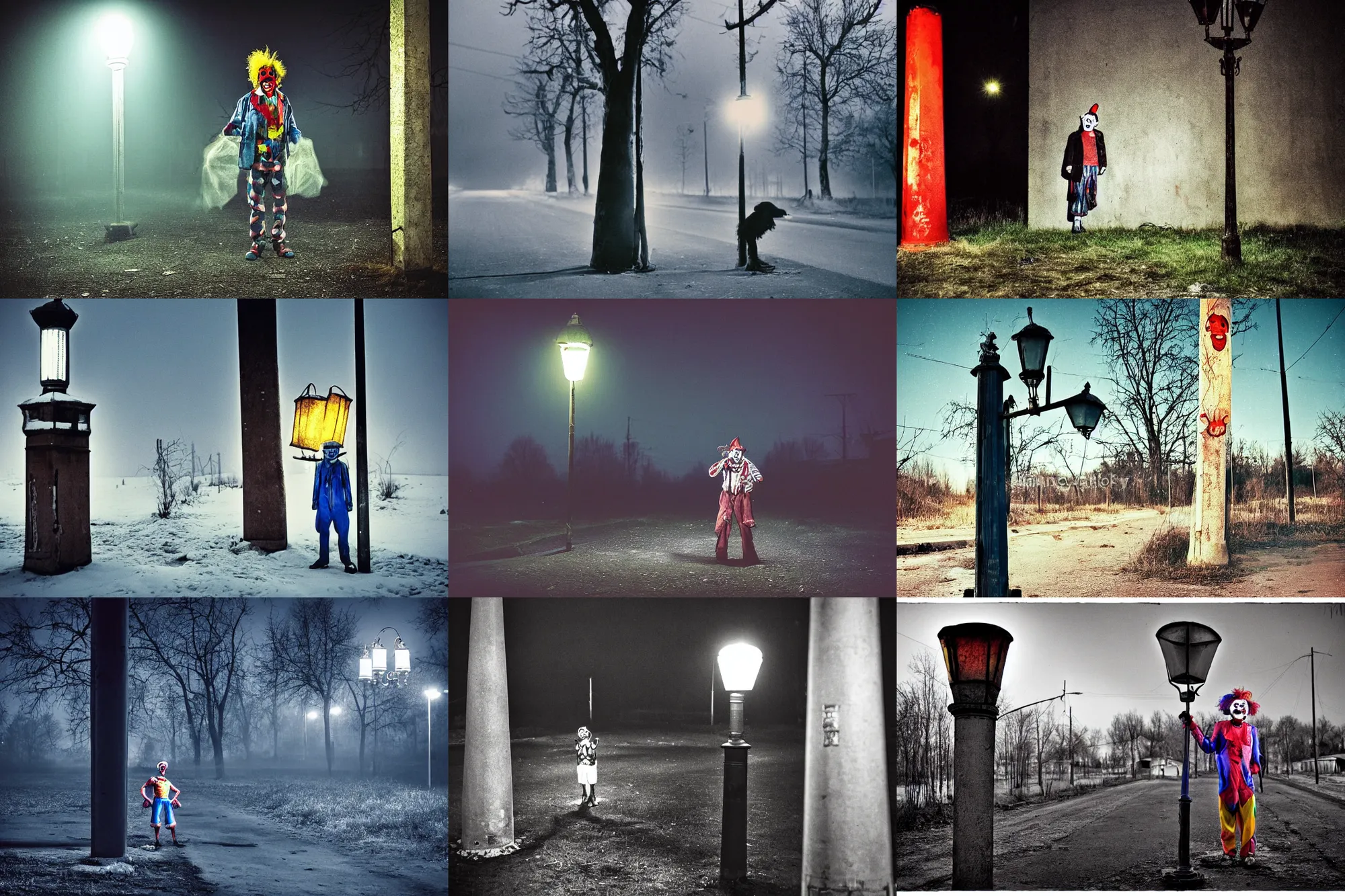 Image similar to a thin scary clown in torn clothes stands under a lamppost that shines a blue light on the clown, pitch darkness around the post, everything happens at night in an old Soviet village, the photo was taken from afar, Colourful, Cinematic, filmic, 35mm, dark atmosphere, horror, scary, Wildlife photography