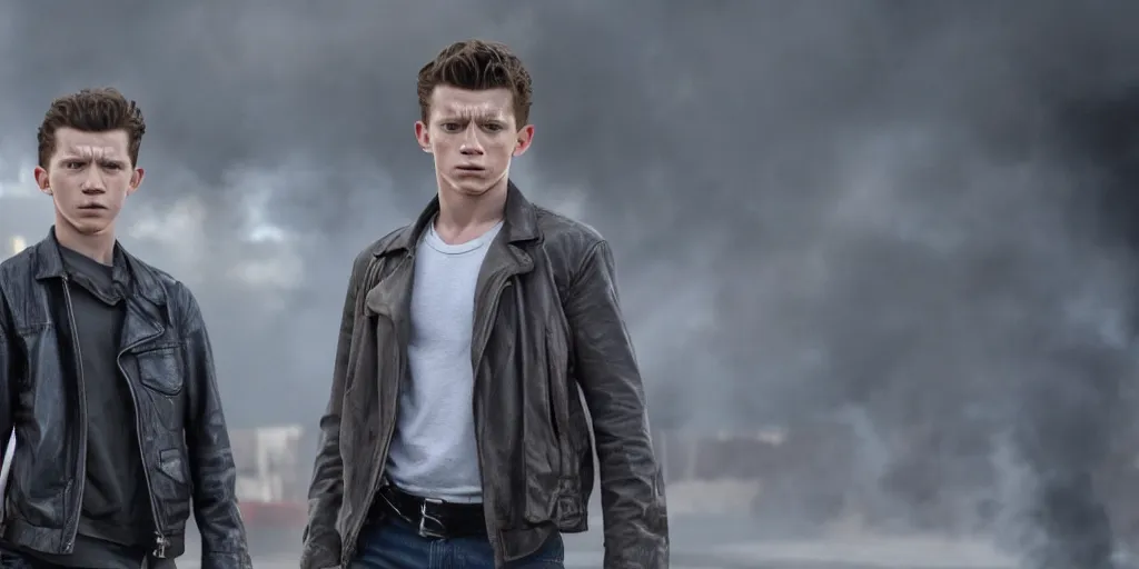 Image similar to a film still of Tom Holland in terminator, high quality