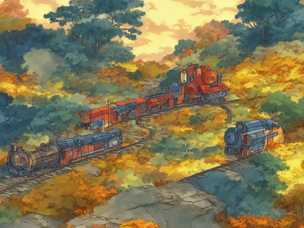 Image similar to longitudinal cut sideview of a anime train, autumn light, colorful, nausicaa of the valley of the wind, beautiful, by studio ghibli, digital art, concept art, manga, cute and adorable, illustration