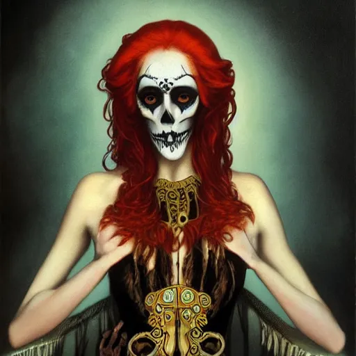 Prompt: ginger woman with skull facepaint and golden eyes, gothic, alphonse much and gerald brom