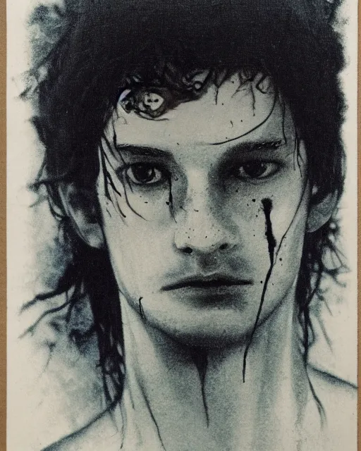 Prompt: a beautiful but sinister young man in layers of fear, with haunted eyes and wild hair, 1 9 7 0 s, seventies, woodland, a little blood, moonlight showing injuries, delicate embellishments, painterly, offset printing technique