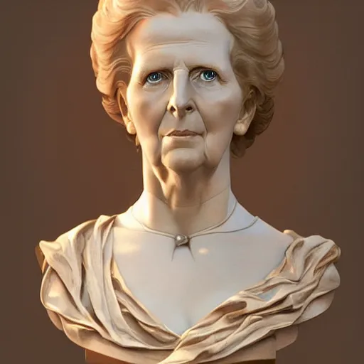 Prompt: beautiful lifelike award winning marble statue bust of margaret thatcher trending on art station artgerm greg rutkowski alphonse mucha museum quality cinematic atmospheric