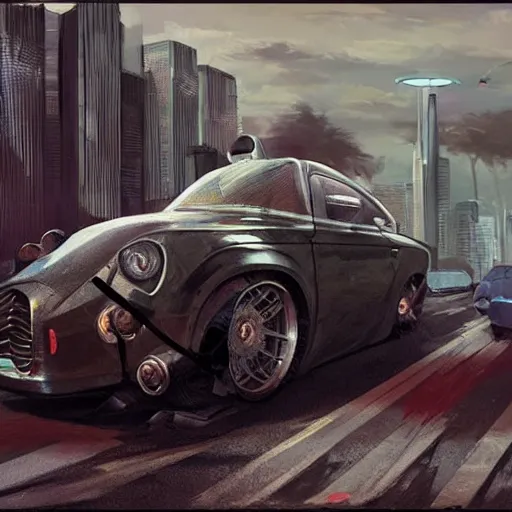 Prompt: modded car in nairobi, elegant, digital painting, concept art, smooth, sharp focus, art style from Wang Ke and Greg Rutkowski and Bruce Kaiser and Scott Robertson and Dmitry Mazurkevich and Doruk Erdem and Jon Sibal, small style cue from Blade Runner and Minority Report and iRobots