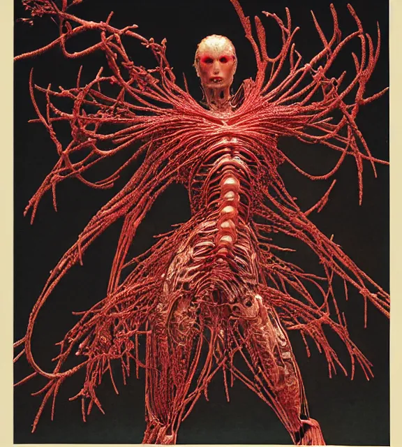 Image similar to still frame from Prometheus by giger by utagawa kuniyoshi, harvest goddess cyborg in crimson filament mycelium, dressed by Neri Oxman and alexander mcqueen, metal couture haute couture editorial