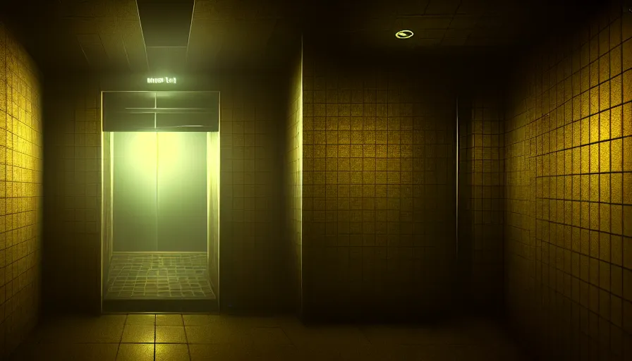 Image similar to Creepy Elevator, Volumetric Lighting, Anamorpic Lens, Cinematic Lighting, Hyperrealistic Rendering, Hyperdetailed, Intricate Details, Dynamic Lights, Raytracing