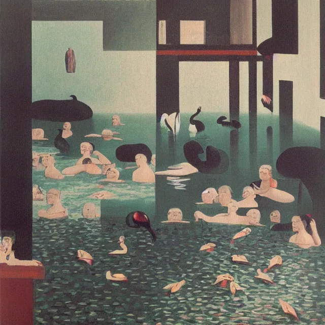 Image similar to painting of flood waters inside an apartment, tall female emo art student, a river flooding through a wall, tangelos, zen, pigs, ikebana, water, river, rapids, waterfall, black swans, canoe, pomegranate, berries dripping, acrylic on canvas, surrealist, by magritte and monet