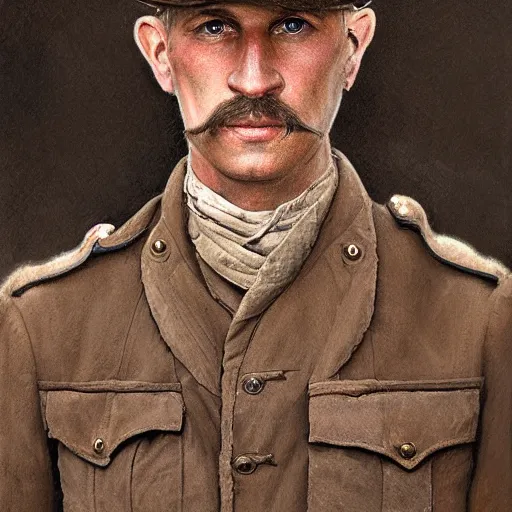 Image similar to a detailed photorealistic sepia - toned color portrait painting of a 1 9 1 7 worried clean - shaven british lieutenant in detailed field gear wearing a finely - detailed pith helmet in wadi rum, ultra realistic, intricate details, atmospheric, dark, horror, brooding, highly detailed, by clyde caldwell