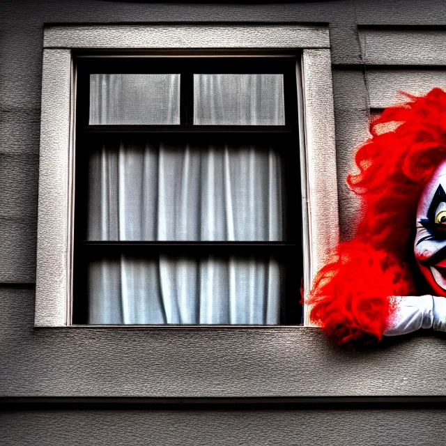 Image similar to far away shot of a scary clown looking through your window, highly detailed, 8 k, hdr, smooth, sharp focus, high resolution, award - winning photo