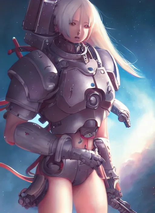 Prompt: semi realistic anime illustration of space marine girl made by stanley artgerm, wlop, rossdraws, james jean andrei riabovitchev, marc simonetti, yoshitaka amano, artstation