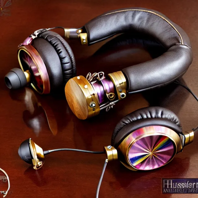 Image similar to masterpiece photo of beautiful hand crafted artistic metal headphones, bismuth rainbow metal, bismuth cups, plush leather pads, displayed on mahogany desk, modernist headphones, bismuth beautiful well designed, hyperrealistic, audiophile, intricate hyper detail, extreme high quality, photographic, audeze, sennheiser, raal, bang olufsen, abyssal