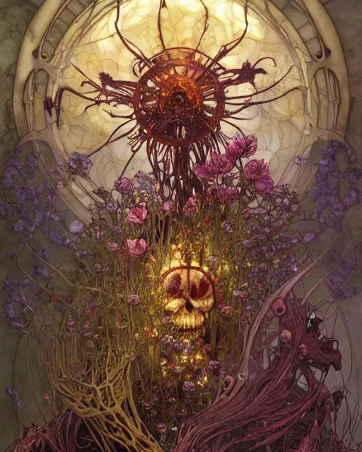 Image similar to the platonic ideal of flowers, rotting, insects and praying of cletus kasady carnage davinci dementor chtulu mandala howl's moving castle dinotopia bioshock the witcher, fantasy, ego death, decay, dmt, psilocybin, concept art by randy vargas and greg rutkowski and ruan jia and alphonse mucha