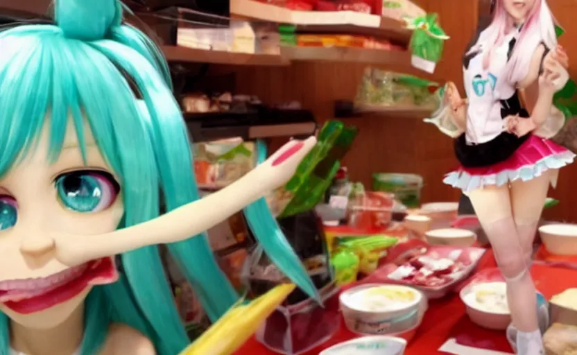 Prompt: Hatsune Miku inside a sandwich with bacon and too much mayonnaise