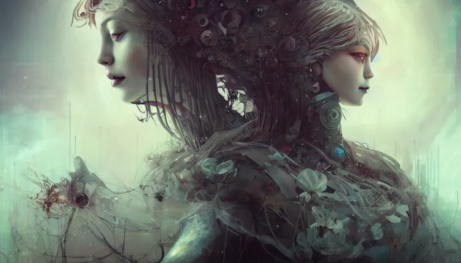 Image similar to detailed, sharp, dreaming humanoid gothic female automata floating above ruined dystopia by Anna Dittmann . digital art. surreal. featured on art station. HD, 8K, highly detailed, good lighting