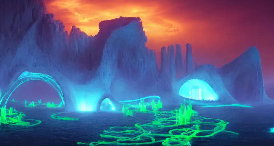 Image similar to luminous algae vines cover the ruins of an alien monolithic monument to the true prophet on the bottom of the ocean, vivid colors, matte painting, 8K, concept art, mystical color scheme, trending on artstation