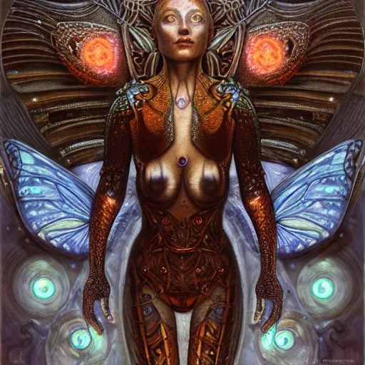 Image similar to realistic illustration of a beautiful rusted mechanical faerie queen with glowing eyes, moth wings with geometric patterns, reflective detailed textures, highly detailed dark fantasy science fiction painting by donato giancola and diego rivera and jean delville, silver and cool colors, artstation, octane render