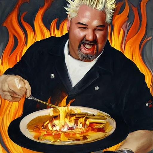 Image similar to painting of guy fieri cooking over hot flames by sargent and leyendecker