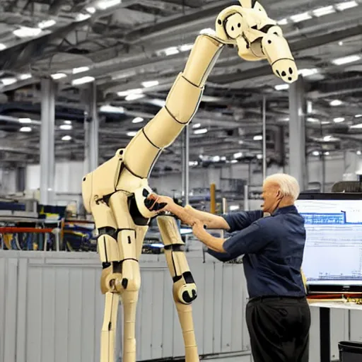 Image similar to prototype robot giraffe being worked on by one scientists engineer, joe biden.