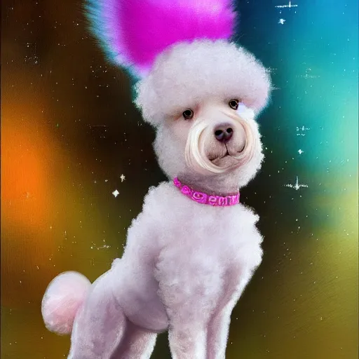 Image similar to cute fuzzy white poodle with pink mohawk hairstyle with night city landscape background detailed painting 4 k