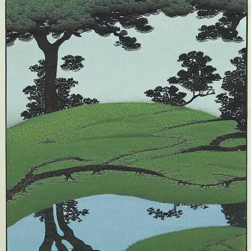 Image similar to A reflective puddle in an orchard, in the style of kawase hasui