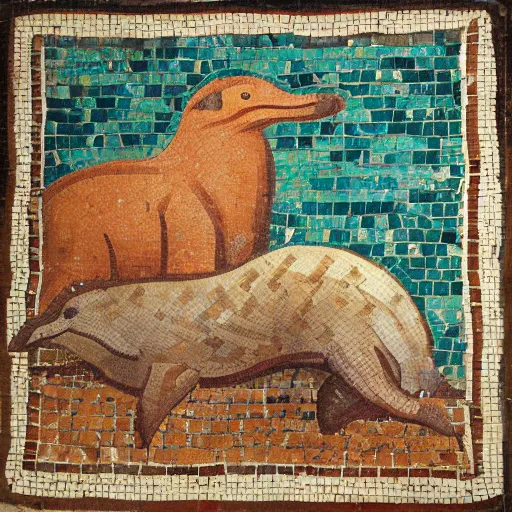 Prompt: roman mosaic showing dolphins surrounding a capybara