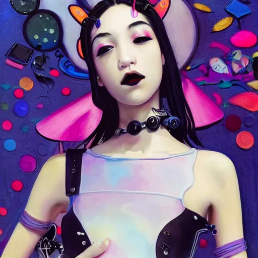 Prompt: fashionable photo of teen kiko mizuhara in futuristic goth make - up, portrait, closeup, sharp focus, dominatrix, lolita fashion, smooth, latex, cute, pastel colors, yoga pose, highly detailed, vibrant painting, volumetric light, petite, by bruce pennington, by takashi murakami, by john berkey, by yoshitaka amano