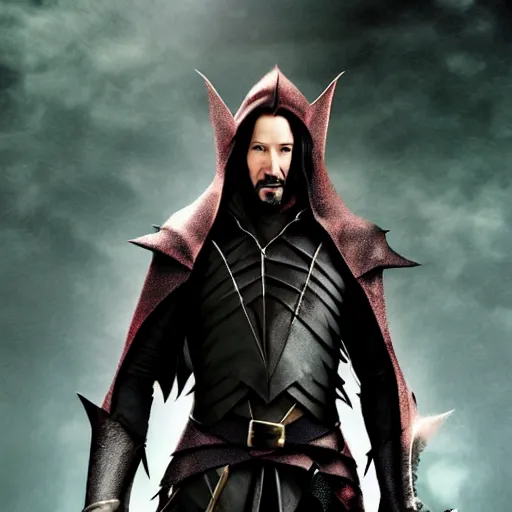 Prompt: keanu reeves as a shadowy fantasy elf elven warlock with dark magical armor and pointy ears