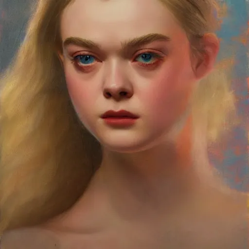 Prompt: ultra realistic portrait painting of elle fanning in euphoria, art by frank frazetta, 4 k, ultra realistic, highly detailed, epic lighting