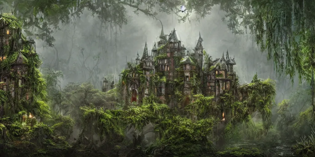 Image similar to a castle hidden in the jungle, overgrown with trees, misty, whimsical, fantasy art style, highly detailed, 4 k