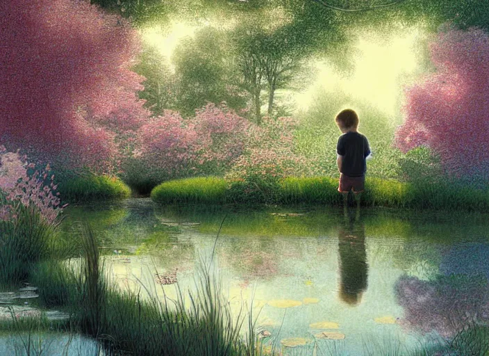 Image similar to pink haired boy backlit staring at black haired boy from across a pond, by alan lee, muted colors, springtime, colorful flowers & foliage in full bloom, sunlight filtering through trees & skin, digital art, art station cfg _ scale 9