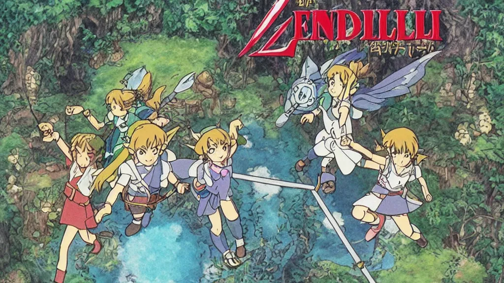 Image similar to 1 9 8 0 s “ studio ghibli ” anime featuring “ link ” with a fairy and “ princess zelda ” fighting against monsters in a dungeon labyrinth.