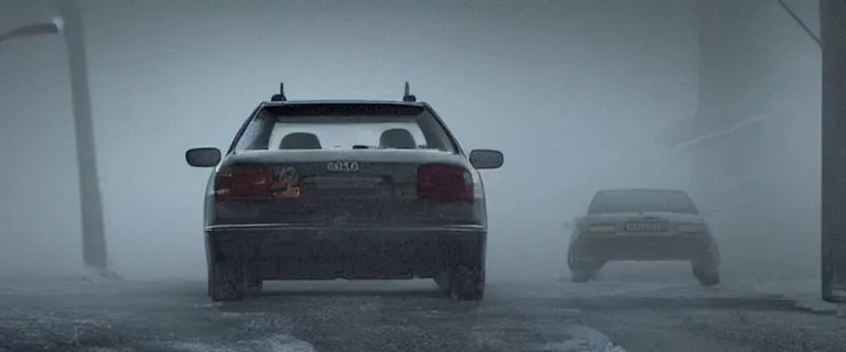 Image similar to Audi A4 B6 Avant (2002), a gritty neo-noir, dramatic lighting, cinematic, eerie person silhouette, death, homicide, homicide in the snow, gunshots, establishing shot, extremely high detail, photorealistic, cinematic lighting, artstation, by simon stalenhag, Max Payne (PC) (2001) winter new york at night, flashing lights, Poets of the Fall - Late Goodbye