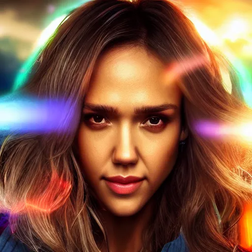 Image similar to jessica alba selfie, 8 k ultra realistic, lens flare, atmosphere, glow, detailed, intricate, full of colour, led lighting, 4 k, hyperrealistic, focused, extreme details, unreal engine 5, masterpiece