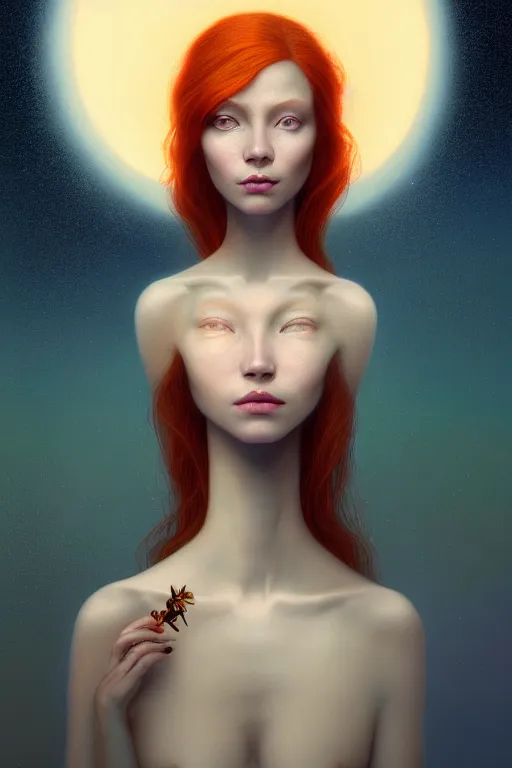 Image similar to Bioluminescent, portrait of redhead woman, very intricate , very elegant, in the golden hour by Daniel Merriam, Trending on Artstation, oil on Canvas by Elena Zhurikhina and Goro Fujita and Charlie Bowater, octane render, 4k, 8k, HD