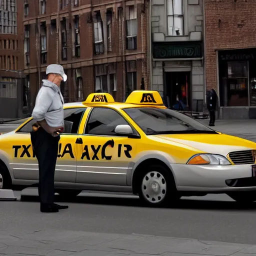 Image similar to a taxi driver waiting for his turn to get a gas photorealistic great photograph