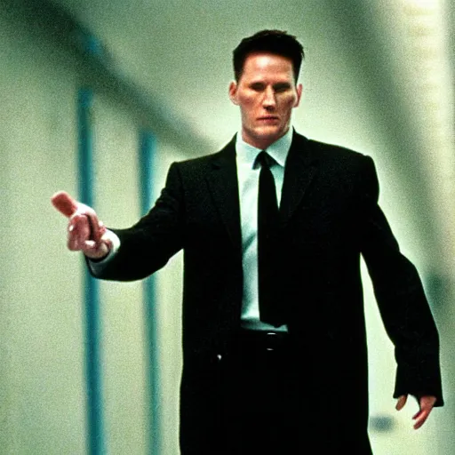 Prompt: film still of keir starmer in the matrix ( 1 9 9 9 )