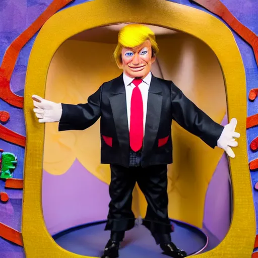 Image similar to a six year old child puppet in the its a small world ride in real life that looks exactly like donald trump, highly detailed, high definition, ultra realistic