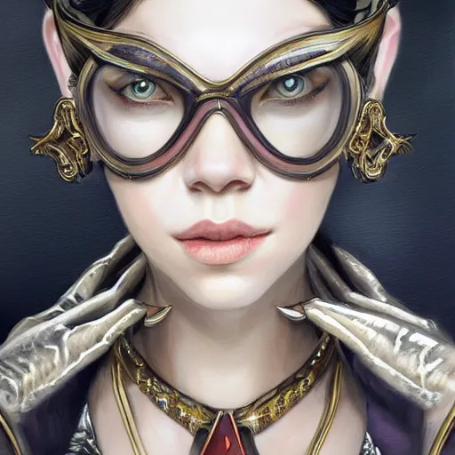 Image similar to a portrait a older anya taylor - joy as bayonetta, urban motifs, intricate, elegant, highly detailed, digital painting, trending on artstation, concept art, smooth sharp focus, illustration, art by artgerm and greg rutkowski