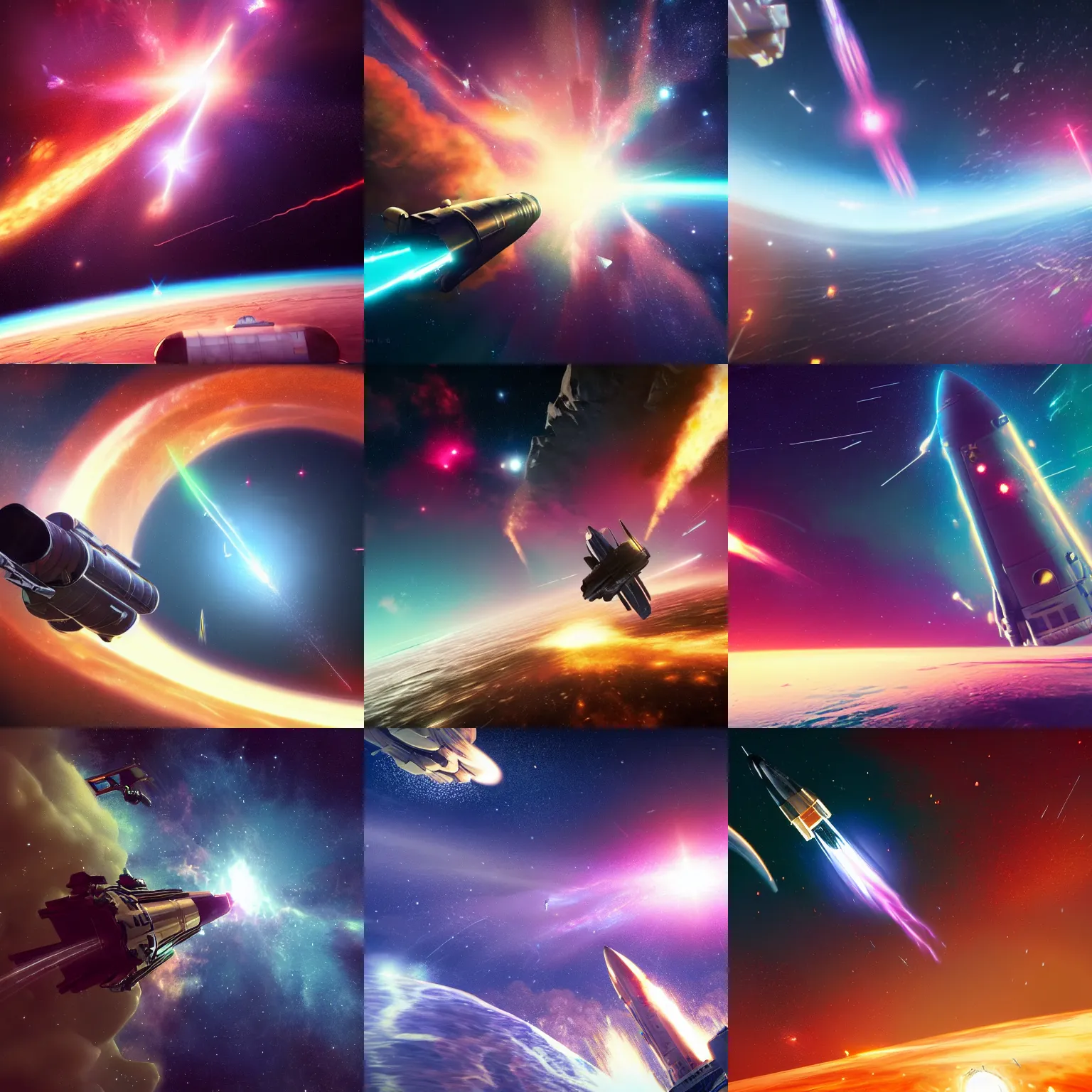 Prompt: a beautiful illustration of a rocket blasting through a galactic nebula, featured on artstation, no man's sky screenshot, still from interstellar