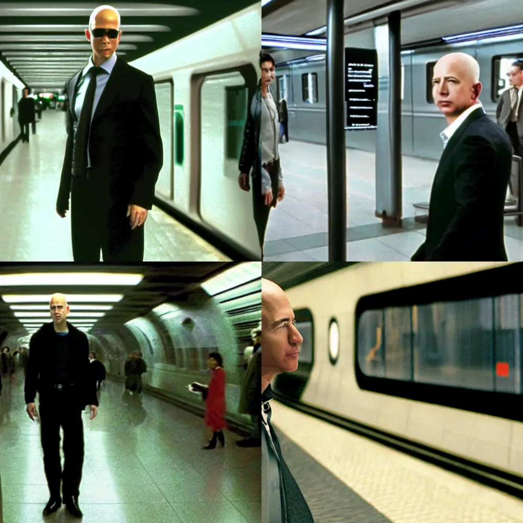 Prompt: Agent Bezos talking to Neo in the subway station in The Matrix, cinematic, high-quality, 8K